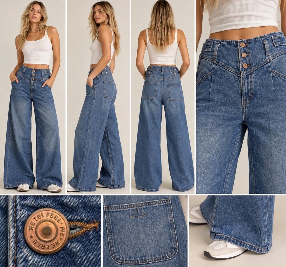 Free People We The Free Super Sweeper Wide Leg Jeans Blue Denim